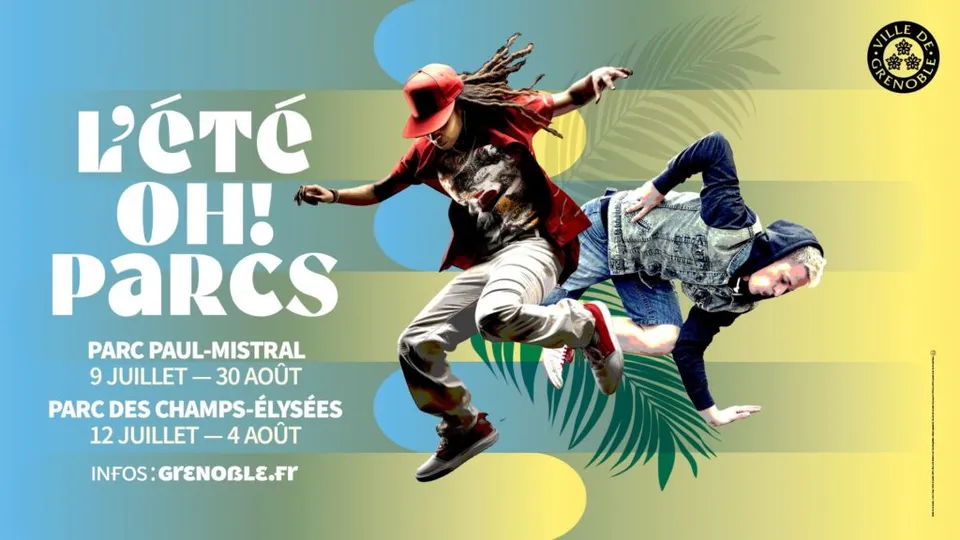 Locandina di L’Été Oh! Parcs 2024 a Grenoble, con le date delle attività nei parchi Paul-Mistral e Champs-Élysées.