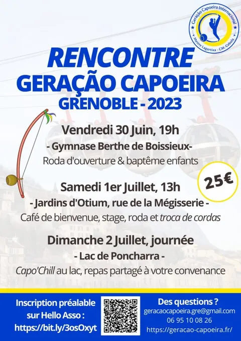 Locandina dell’incontro Geração Capoeira Grenoble dal 30 giugno al 2 luglio 2023, con le tre giornate di programma.