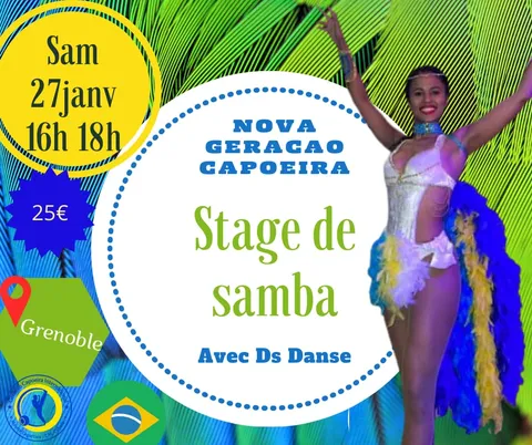 Poster for the samba workshop with DS Danse on 27 January 2024, from 16:00 to 18:00 in Grenoble; advertised price: €25.