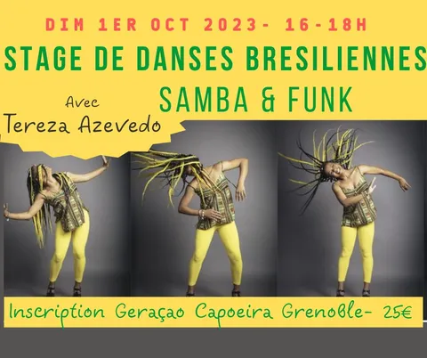 Affiche du stage de samba et funk avec Tereza Azevedo du 1er octobre 2023, de 16 h à 18 h, tarif annoncé : 25 €.