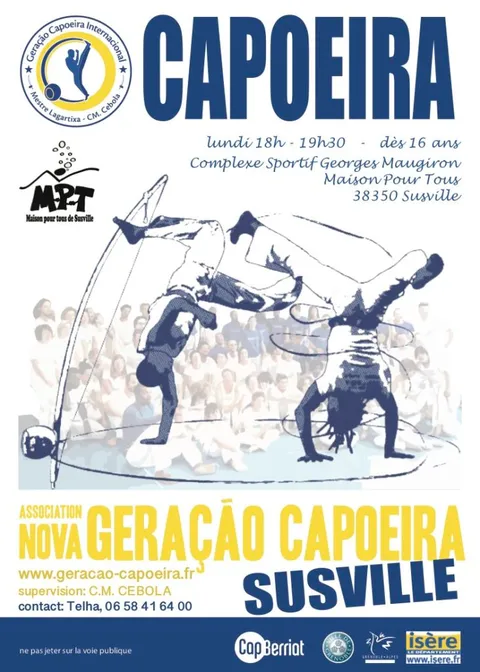 Cartaz das aulas de capoeira de Susville na Maison pour Tous, às segundas-feiras, das 18 h às 19 h 30, a partir de 16 anos.