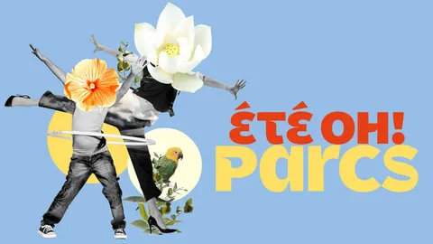 Visuel de L’Été Oh! Parcs 2023 à Grenoble, représentant des personnages en mouvement et des fleurs.