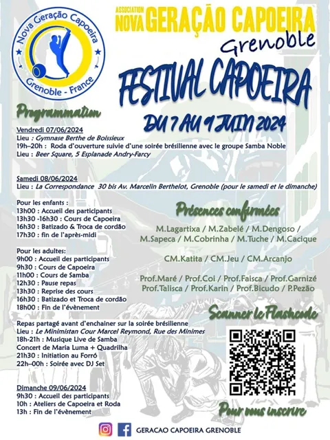 Cartel del Festival Capoeira de Geração Grenoble del 7 al 9 de junio de 2024, con el programa y los invitados.
