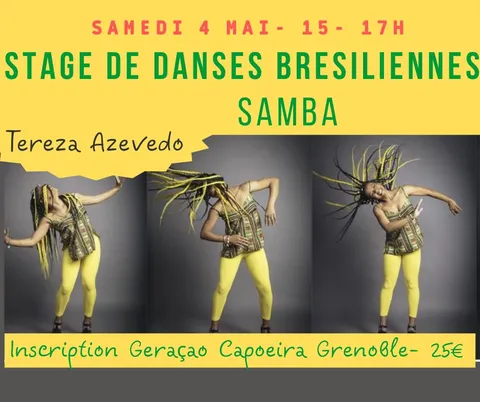 Affiche du stage de samba du 4 mai 2024, de 15 h à 17 h à La Pause Fitness, Grenoble.
