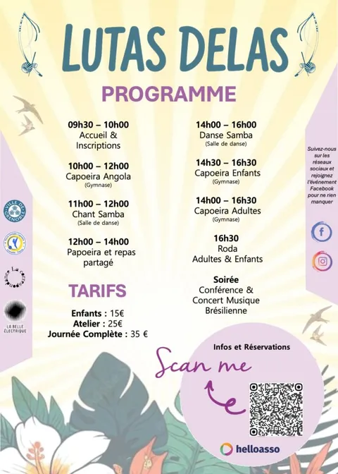 Programma di Lutas Delas: accoglienza alle 9:30, laboratori, roda alle 16:30, conferenza e concerto serali.
