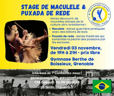 Poster for the maculelê and puxada de rede workshop on 3 November 2023, from 19:00 to 21:00 at Gymnase Berthe de Boissieux, with a pay-what-you-can fee.