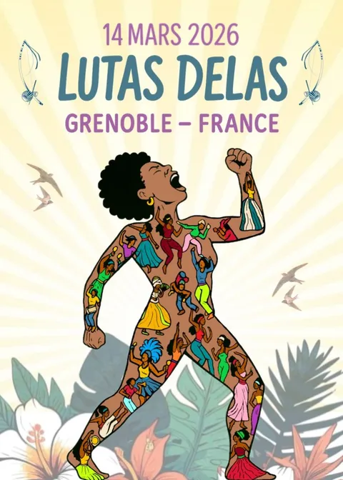 Locandina di Lutas Delas, Axé de Todos, giornata dedicata alle donne nella capoeira e nel samba il 14 marzo 2026.