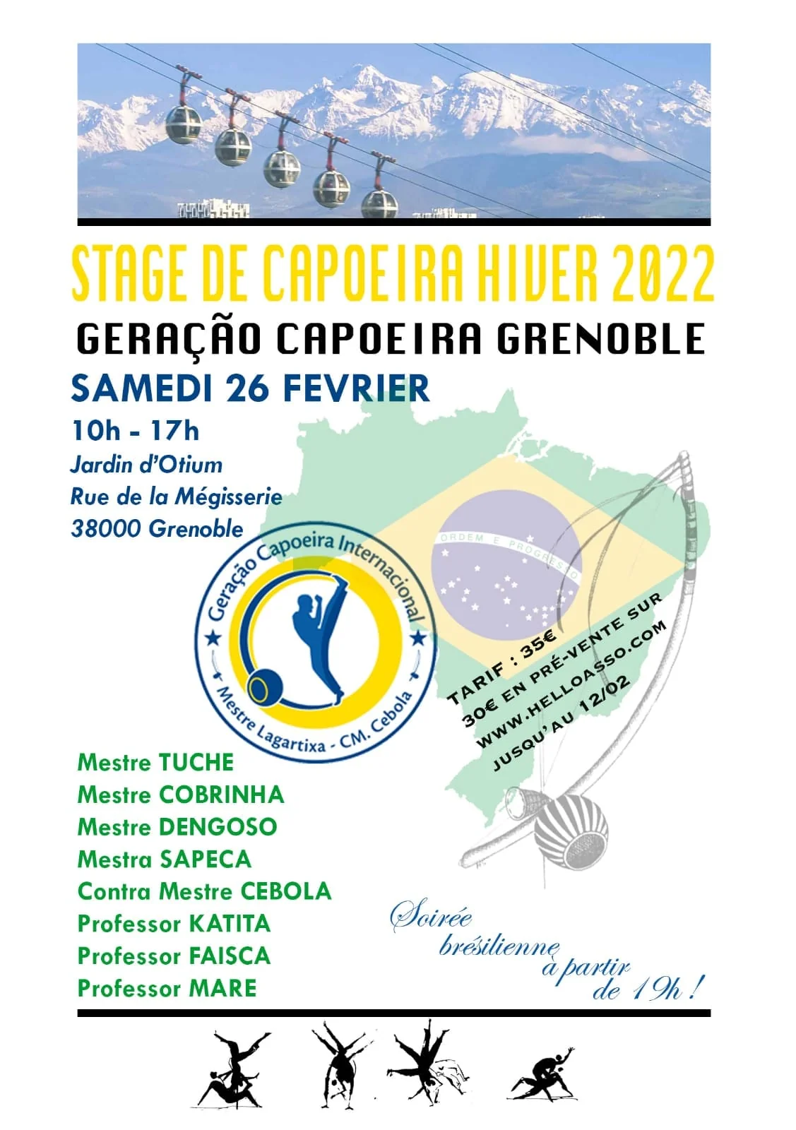 Cartel del curso intensivo de capoeira de invierno del 26 de febrero de 2022 en los Jardins d’Otium, con los profesores invitados, las tarifas y la fiesta anunciados.