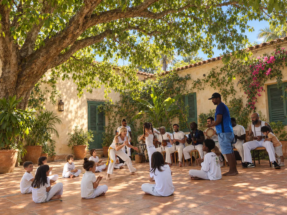 Two children playing in the roda in a reimagined Brazilian courtyard setting